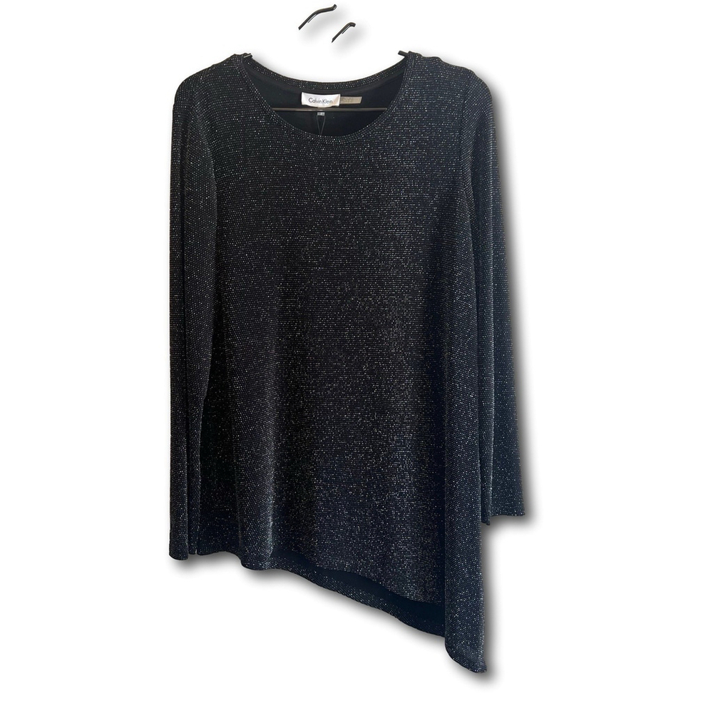 Calvin Klein Asymmetrical Metallic Top Long Sleeve Black Woman’s Size Medium NWT